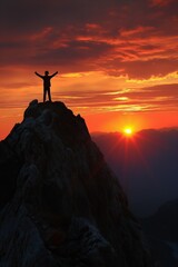 A man cheering for national independence at the top of a mountain where the sunrise rises