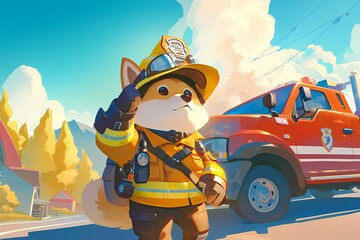 cartoon illustration, a firefighter dog