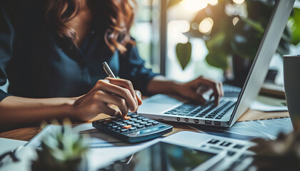 Fototapeta premium Businesswoman using a calculator and writing in a notebook while working on a laptop, highlighting financial management