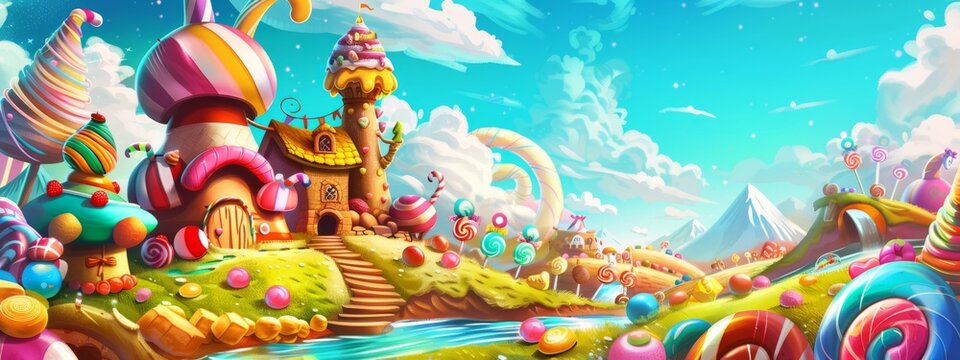 A whimsical, candy land background with sweets, candies, and vibrant colors.