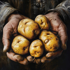 Organic vegetables. farmer holding potatoes in hands on harvest field