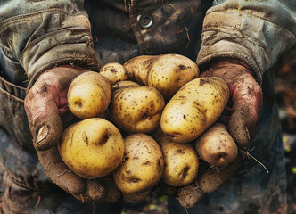 Organic vegetables. farmer holding potatoes in hands on harvest field