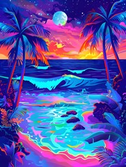 Captivating Psychedelic Beach Party Scene with Vibrant Neon Lights and Mesmerizing Waves