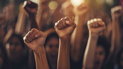Illustration of multi-ethnic fists raised in protest, symbolizing social unrest.