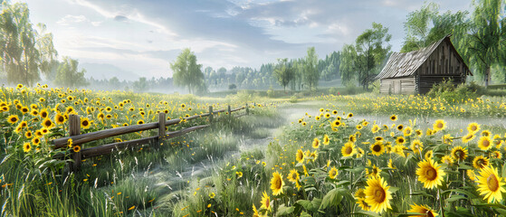 Tranquil Morning Meadow, Sunlight Piercing Through Misty Landscape at Sunrise