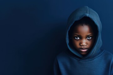 Indigo background sad black American African child Portrait of young beautiful kid Isolated Background racism skin color depression anxiety fear burn out health 