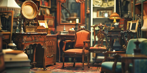 Fototapeta premium Antique Store Treasures: An old-fashioned antique store filled with vintage furniture, collectibles, and unique finds