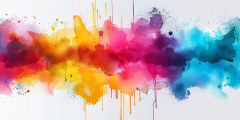 Fototapeta premium Colorful watercolor splash paint background, colorful splashes and paint drips on a white background, watercolor stain with paint splatter, banner,abstract color ink explosion