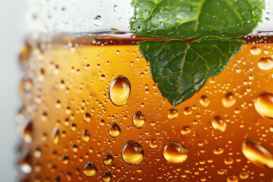 Close up of a refreshing iced tea with mint leaves and condensation