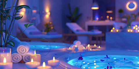 The Spa Experience: A tranquil spa environment with soothing music, candles, and treatment rooms