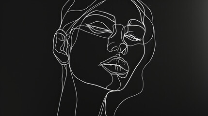 Abstract aesthetic linear drawing of woman face on dark background with free place for text