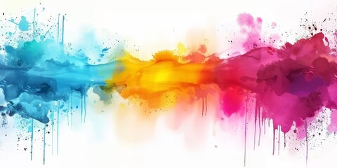 Fototapeta premium Colorful watercolor splash paint background, colorful splashes and paint drips on a white background, watercolor stain with paint splatter, banner,abstract color ink explosion