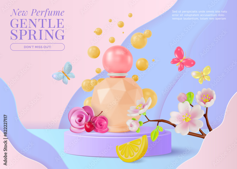 Sticker 3d New Perfume Gentle Spring Cosmetic Product Concept Ads Banner Poster Card. Vector illustration