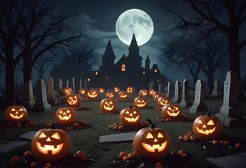 Spooky halloween scene with pumpkins