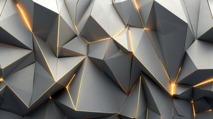 This image features a 3D rendering of a cluster of abstract geometric shapes, with glowing orange lines highlighting edges