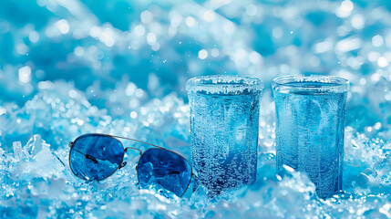 Transparent Ice Cubes, Concept of Freshness and Cold with Blue Background