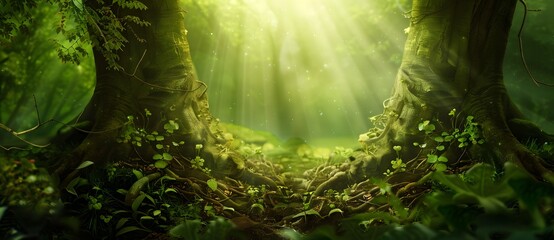 Two Tree Trunks in a Lush Green Fantasy Forest