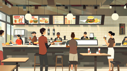 Illustration of a busy fast food restaurant with customers ordering at the counter