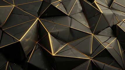 Fototapeta premium A 3D rendering of black geometric shapes with glossy surfaces highlighted by golden edges, creating a luxurious texture