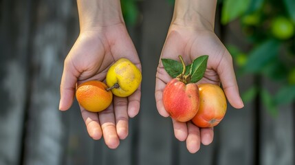 Two open hands presenting a variety of colorful fruits including a yellow quince, an orange kumquat, and red apples against a blurred garden backdrop.