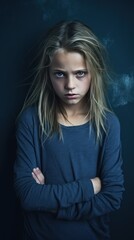 Indigo background sad European white child realistic person portrait of young beautiful bad mood expression child Isolated on Background depression anxiety