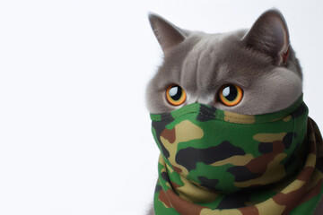 cat in camouflage mask Isolated on white background copy space
