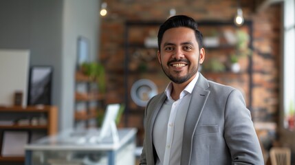 Obraz premium Professional Smiling Businessman Portrait in Modern Office, Suitable for Corporate, Marketing, and Promotional Use