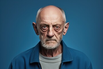Indigo background sad european white man grandfather realistic person portrait older person beautiful bad mood old man Isolated on Background 