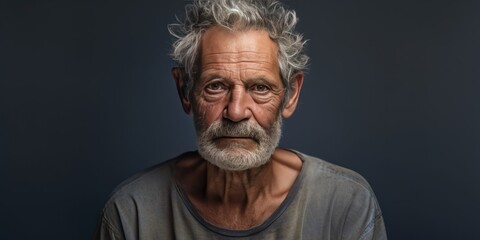Indigo background sad european white man grandfather realistic person portrait older person...