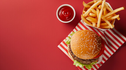 Classic burger and French fries with ketchup on a red background