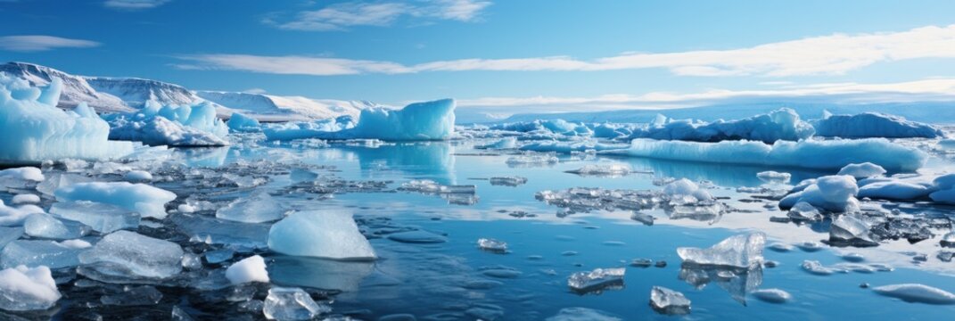 A collection of icebergs drifting on the surface of the ocean