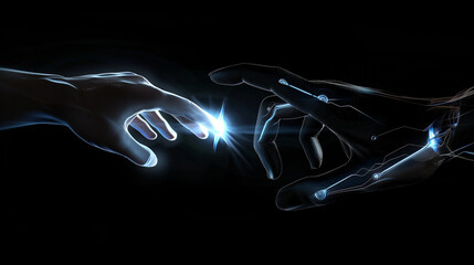Digital illustration of human and robotic hands reaching out to touch with light