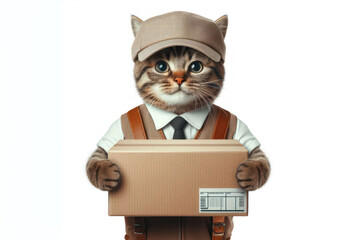 cat in a cap delivers a parcel hold a box on a white background, delivery concept