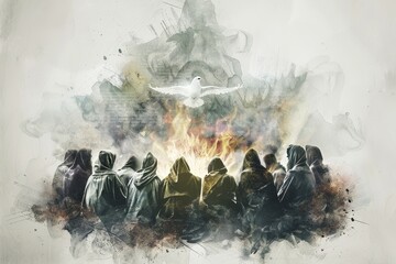 Monochromatic Digital Watercolor of a Group Encircling a Fire with a Dove