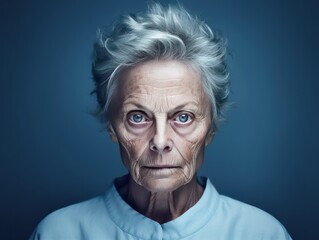 Indigo background sad European white Woman grandmother realistic person portrait of young beautiful bad mood expression Woman 