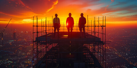 At a skyscraper construction site, workers on scaffolding silhouette against a vibrant sunset.
