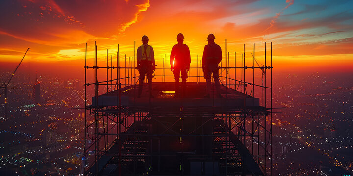 At a skyscraper construction site, workers on scaffolding silhouette against a vibrant sunset.