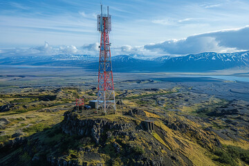 Obraz premium In the picturesque valley, a communication tower rises against the blue sky, facilitating wireless networks.