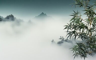 Obraz premium A bamboo tree stands amidst fog in a forest