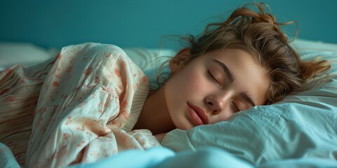 A peaceful portrait of a young woman sleeping peacefully at home, in serene relaxation.