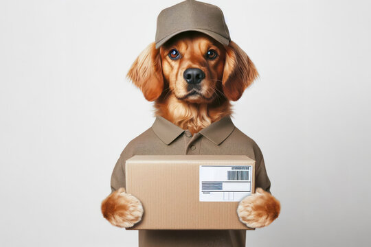 dog in a cap delivers a parcel hold a box on a white background, delivery concept