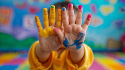 Count fingers first, close up, child learning, vibrant, overlay, classroom backdrop