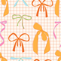 Abstract seamless pattern with bows of different colors on a checkered background. Bright and cute bows on the background. Modern pattern for printing, textiles, and gift wrapping
