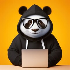panda in a hoodie with a laptop wearing glasses IT specialist senior Isolated on yellow background