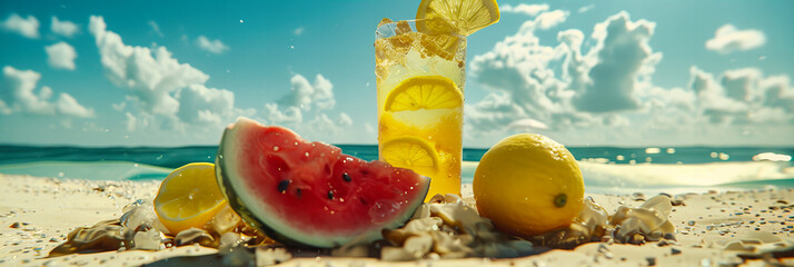 Tropical Beach Cocktails, Refreshing Drinks with Colorful Fruit on a Sunny Seaside Day
