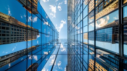 This image shows the upward perspective of towering glass skyscrapers converging against a blue sky, reflecting sunlight and surrounding buildings