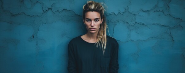 Indigo background sad european white Woman realistic person portrait of young beautiful bad mood expression Woman Isolated on Background 