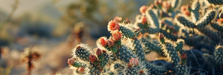A close-up view of cacti blooming with red flowers in the golden light of a desert sunset. - Powered by Adobe