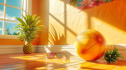 Tropical Beach Fashion Concept, Stylish Sunglasses with Pineapple, Vibrant Summer Accessories