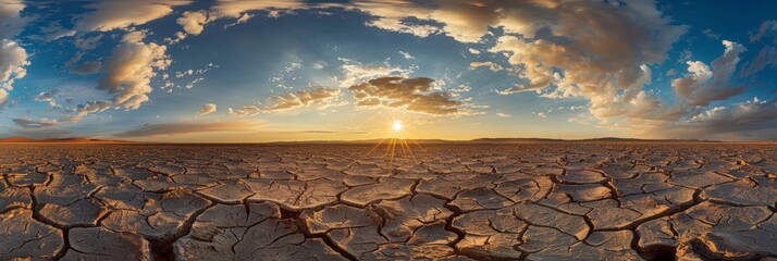 Wide desert landscape under a stunning sunburst through cloudy skies at sunset.